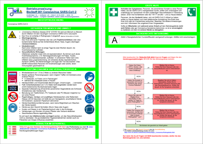 Biostoff-Betriebsanweisung Coronavirus